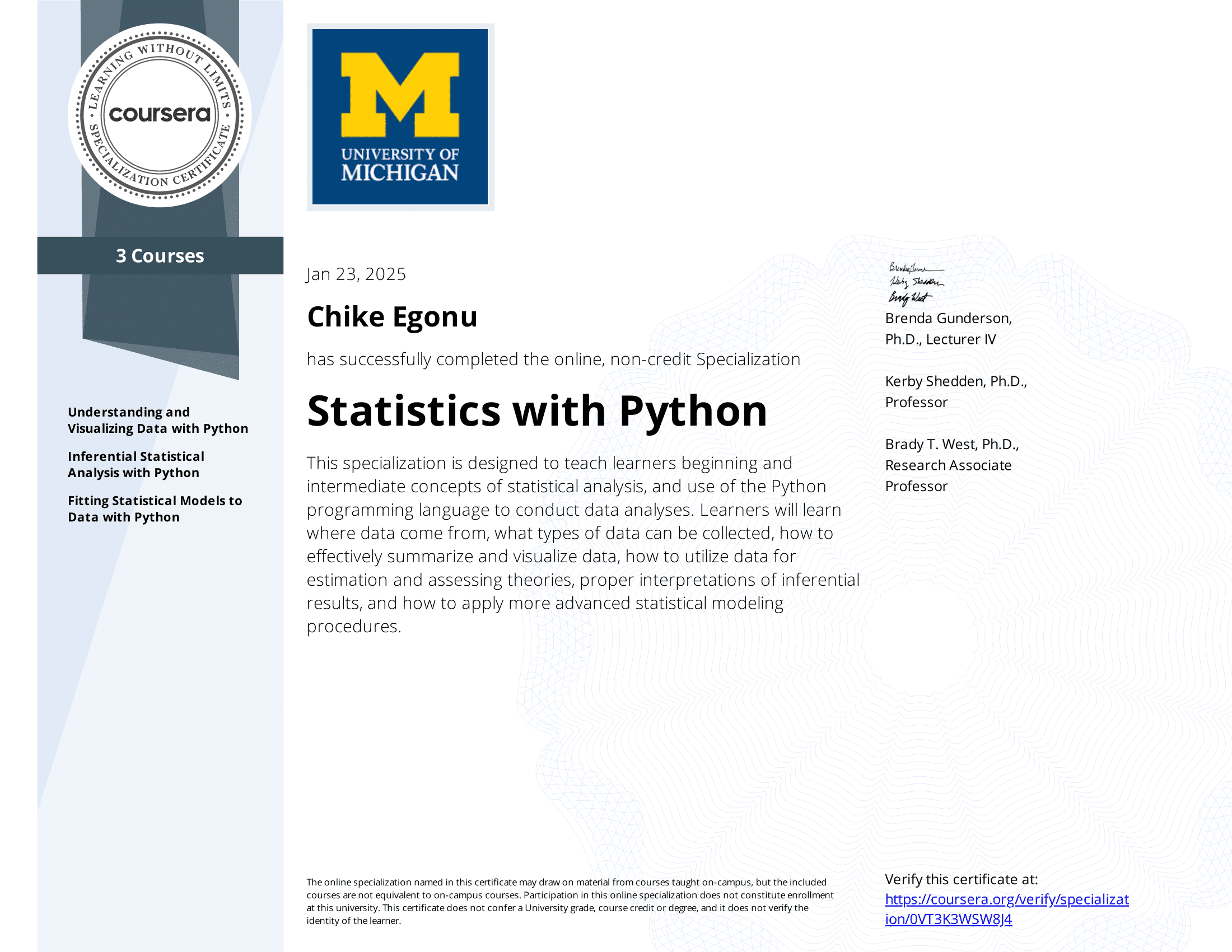 Statistics with Python Specialization Certificate