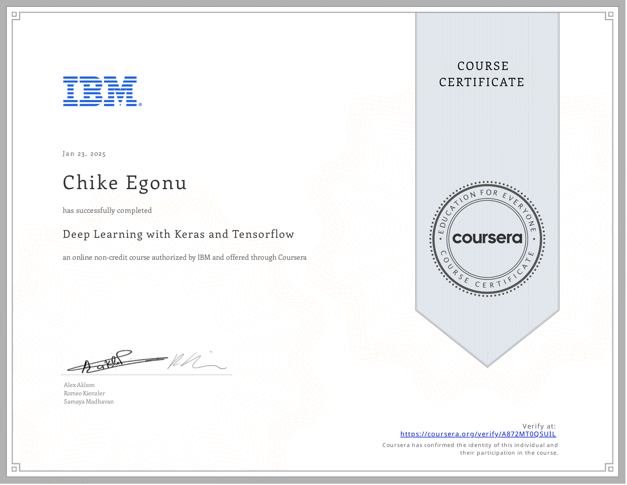 Deep Learning with Keras and Tensorflow Certificate